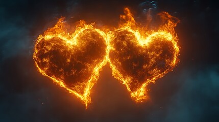 Two fiery hearts against a dark stormy backdrop