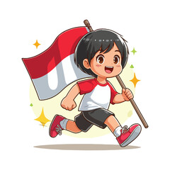 cartoon vector of children running carrying the Indonesian red and white flag