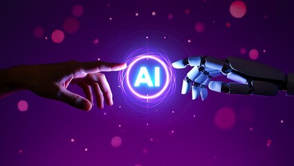 Human and robot hands reaching towards glowing ai symbol with futuristic technology background