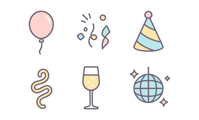 Colorful celebration icons: balloon, streamers, party hat, champagne and disco ball