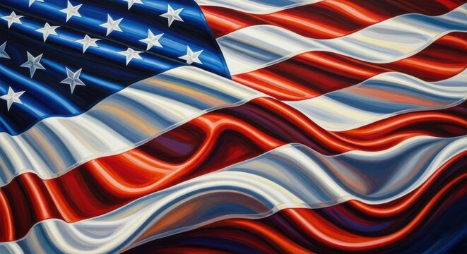 A closeup detailed painting of the american flag waving majestically with rich colors and textures