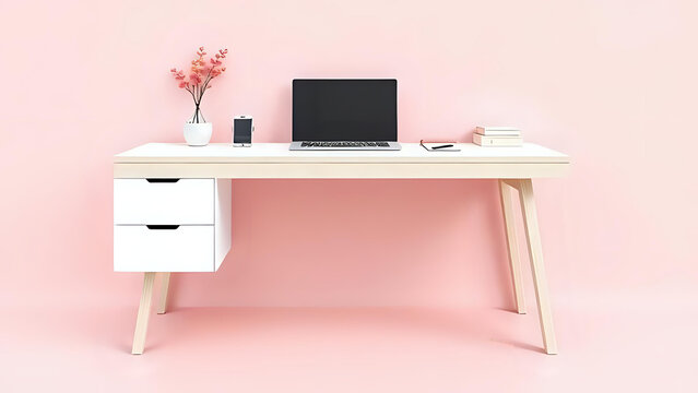 Modern office desk with laptop - Powered by Adobe