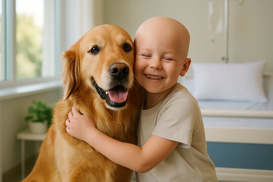Young child with cancer and a golden retriever dog sharing a loving hug and smiling