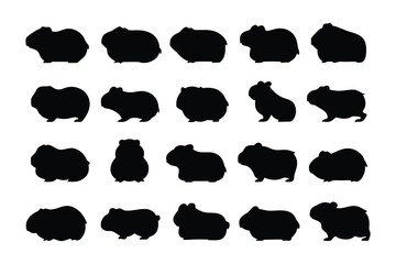 Collection of silhouetted cartoon hippopotamuses in various poses against a white background