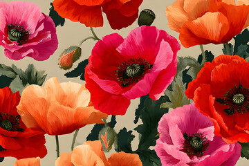 Fototapeta premium Vibrant Poppy Pattern: A Play of Colors on Tan Canvas