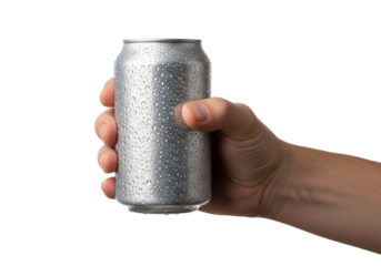 Hand holding a cold silver soda or beer can with water drops. Beverage mockup. Isolated on transparent background, png