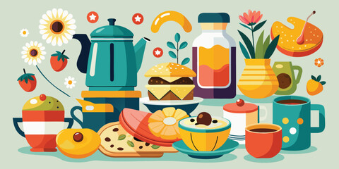 Clipart illustration of a breakfast spread featuring toast, fruit, and a steaming cup of coffee..eps