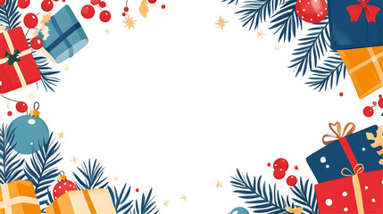 Festive christmas border with presents, berries, and pine branches