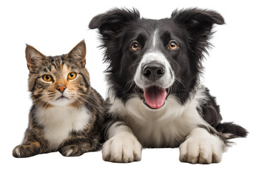 Obraz premium Tabby cat and Border Collie dog lying down together on black isolated on a transparent background feline