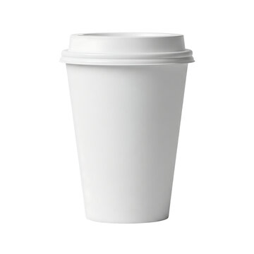 White disposable paper coffee cup with lid. To go beverage mockup for cafe. Isolated on transparent background, png