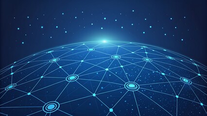 A glowing blue network of interconnected dots and lines forms a digital globe, representing global communication and technological advancement