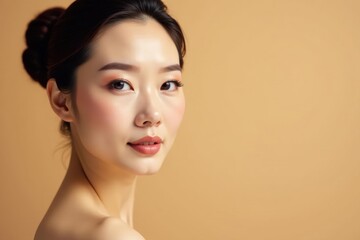 Elegant Asian-inspired makeup, luxurious beige backdrop, cosmetic products, beauty, skincare