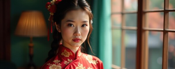 Glaring stare, intricately braided hair, silk cheongsam, portrait, studio, emotion