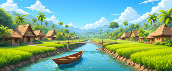 Cartoon Village by the River with  Clay Huts – 2D Background