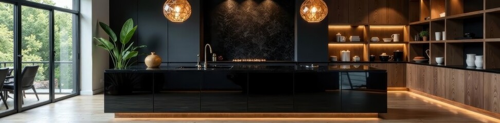 Glossy black island, geometric pendant lights, open shelving, minimalist design, modern home, black kitchen design