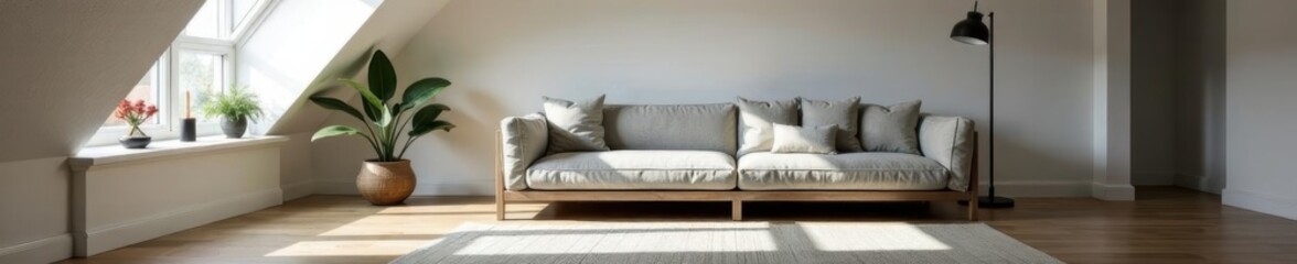 Grey sofa in attic living room, sloped ceilings, natural light, spacious, comfortable, natural wood