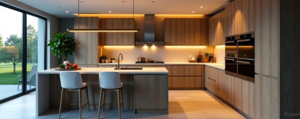 High-end kitchen, integrated appliances, pendant lighting, farmhouse, copper, island