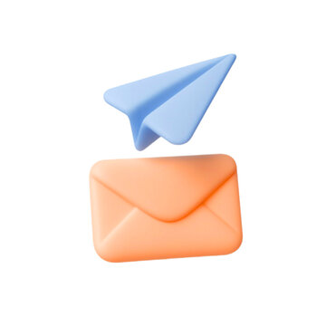 3d blue paper airplane flying towards an orange envelope isolated on transparent background