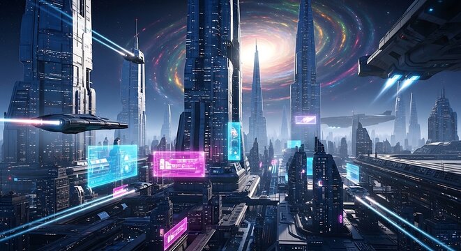 Futuristic cityscape with spaceships and glowing displays.