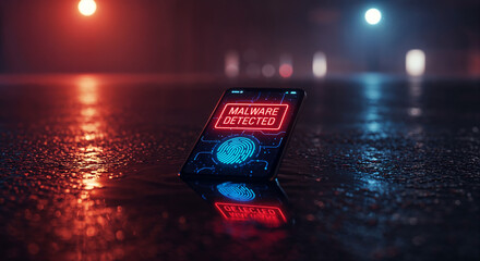 Mobile phone screen with a neon 'Malware Detected' sign and a pulsating fingerprint lock, reflecting in a puddle of water on a wet street at night, digital concept of mobile security, ultra realistic