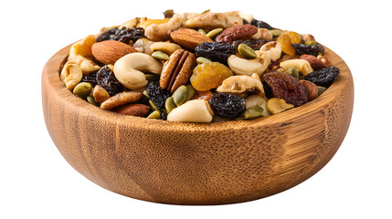 Bamboo bowl full with dried fruits on white background 