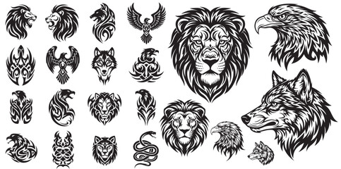 Collection of tribal tattoo designs featuring majestic animals like lions eagles wolves and snakes in black and white