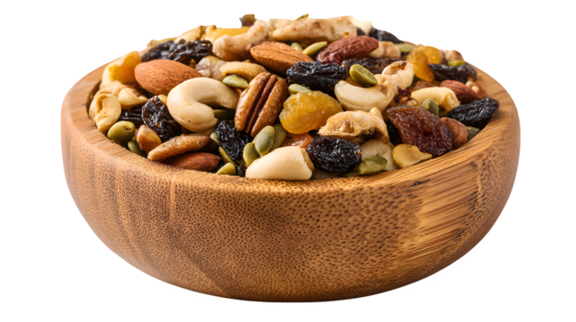 Bamboo bowl full with dried fruits on white background 