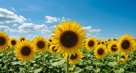 Fototapeta premium Bright and vibrant photo of a large sunflower field in full bloom under a blue sky, summer landscape, no people. 