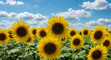 Fototapeta premium Bright and vibrant photo of a large sunflower field in full bloom under a blue sky, summer landscape, no people. 