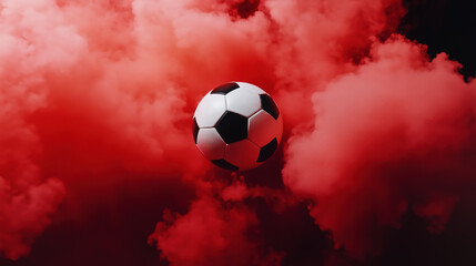 Dynamic soccer ball in red smoke background creates an intense and captivating sports banner design