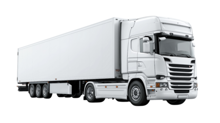 White semi trailer truck with cargo box and tractor unit isolated on a transparent background image