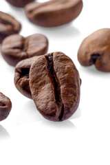 Close up coffee beans on white background