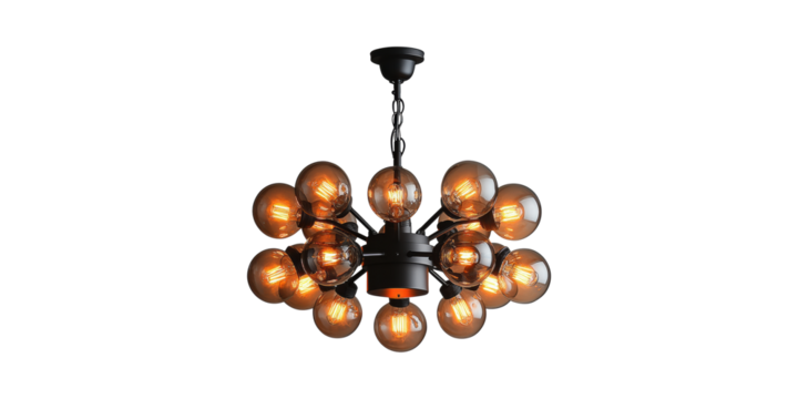 Modern Industrial Chandelier With Multiple Bulbs. Stylish Lighting Fixture For Contemporary Interiors Isolated On Transparent Background.