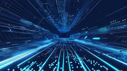 High-Speed Information Transfer: Digital Communication Network with Glowing Blue Data Points and Motion Blur