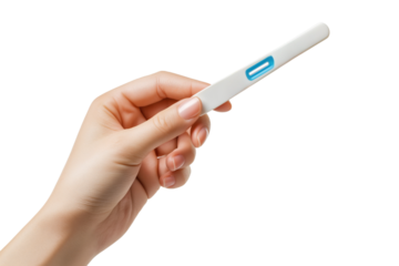 Woman's hand holding a white pregnancy test with blue indicator isolated on a transparent background