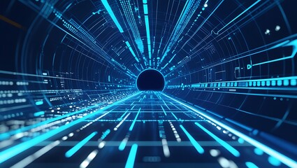 High-Speed Information Transfer: Digital Communication Network with Glowing Blue Data Points and Motion Blur