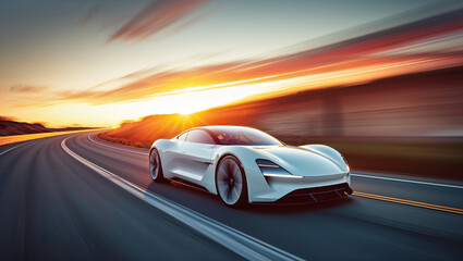 Obraz premium A white sports car speeding down a road during a beautiful sunset.