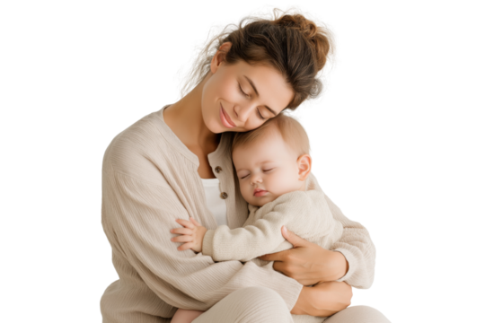 Woman holding sleeping baby tenderly with eyes closed isolated on a transparent background image