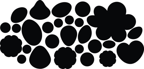 Vector art of a collection of various black organic and geometric shapes on a transparent background.