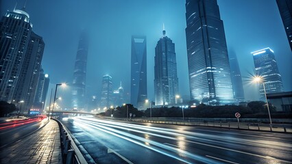 Fototapeta premium The vibrant city skyline glows with illuminated skyscrapers and streaks of light from passing traffic on a wet road at night, creating a dynamic urban scene