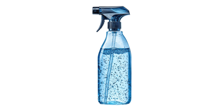 Spray Bottle With Blue Liquid. Cleaning And Sanitization Concept Isolated On Transparent Background