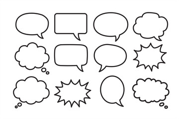 Set of blank comic speech and thought bubbles. Variety of shapes for text, dialog, and cartoon effects in black outline on white background.
