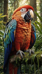 Fototapeta premium A vibrant scarlet macaw perched on a branch in a lush green forest. The bird displays bright red, blue, and green feathers