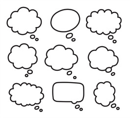 Set of blank comic speech and thought bubbles. Variety of shapes for text, dialog, and cartoon effects in black outline on white background.