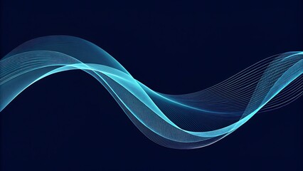 A mesmerizing abstract wave of light blue hues flows gracefully across a dark blue background, creating a sense of dynamic movement and futuristic technology