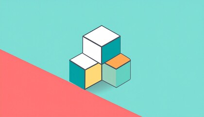Fototapeta premium Modern Isometric Cube Cluster on a Diagonal Teal and Coral Background