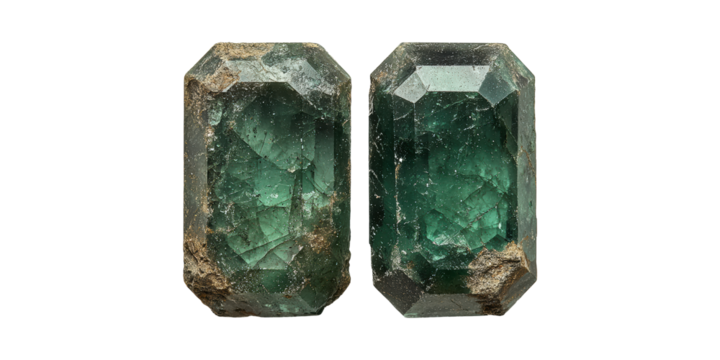Rough Green Emerald Crystals. Natural Gemstones For Jewelry And Mineral Collection Isolated On Transparent Background