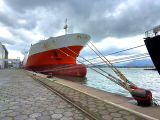 big ship with bulb in ballast condition moored