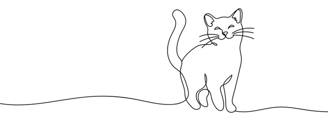 Continuous hand drawn line of a smiling cat. Simple art lines, vector on transparent background, editable strokes.