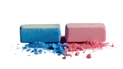 Blue and Pink Chalks with Crumbs on Transparent BG